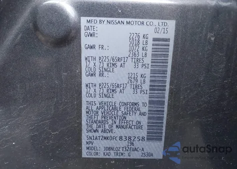 2015 Nissan Rogue Sv from USA, damaged, VIN 5N1AT2MK0FC838258